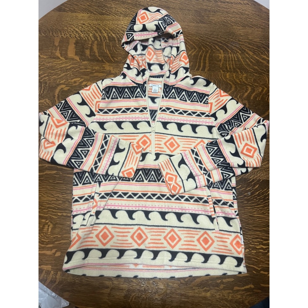 O'Neill Fleece Hoodie Women Small Cream Orange Tribal Print Quarter Zip